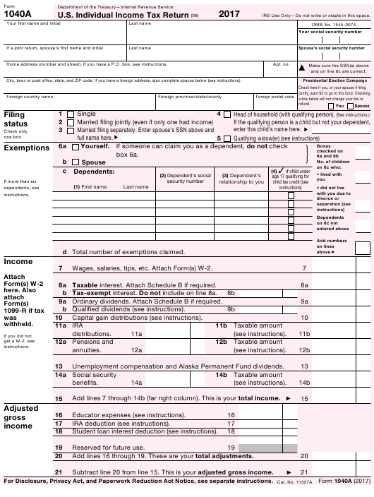 IRS Form 1040A Download Printable PDF 2017 U S Individual Income Tax 