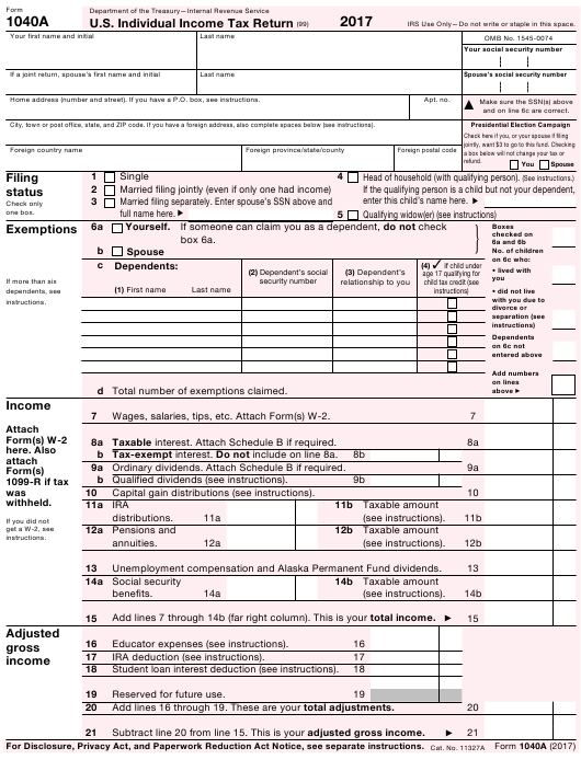 IRS Form 1040A Download Printable PDF 2017 U S Individual Income Tax