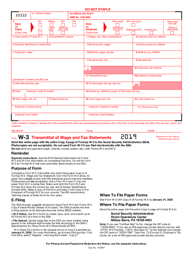 IRS W 3 2019 Fill Out Tax Template Online US Legal Forms