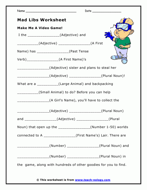 Mad Libs Worksheet Make Me A Video Game 