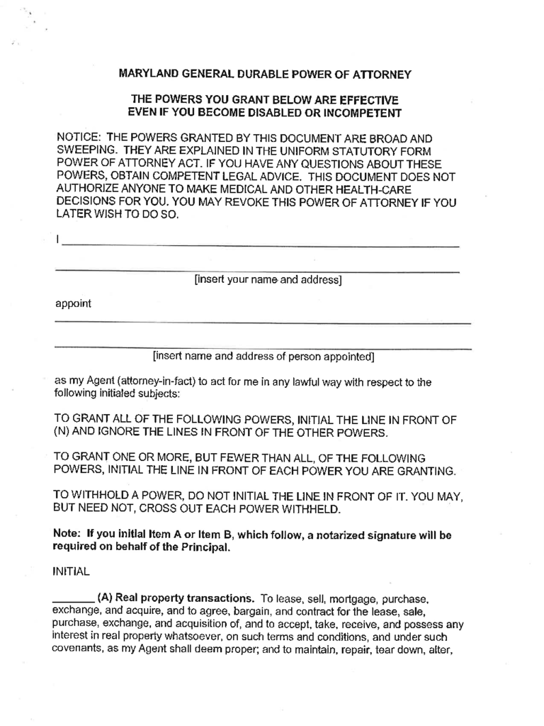 Maryland Power Of Attorney Form Free Templates In PDF Word Excel To 