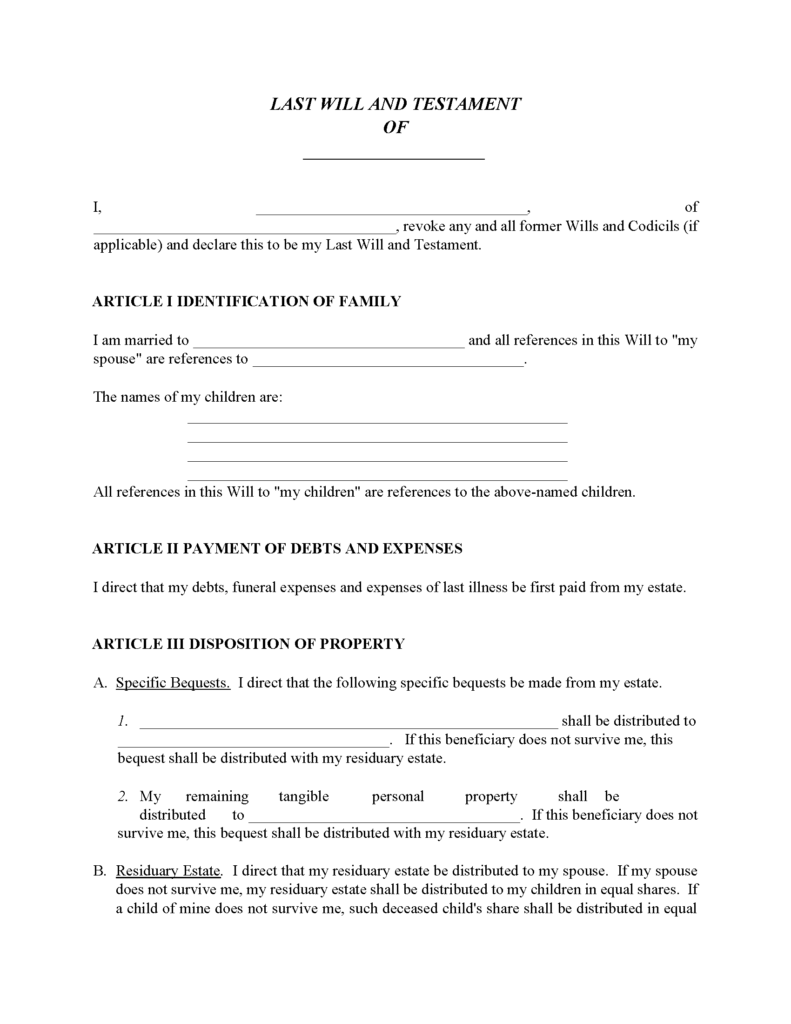 North Carolina Will For Married With Children Free Printable Legal Forms
