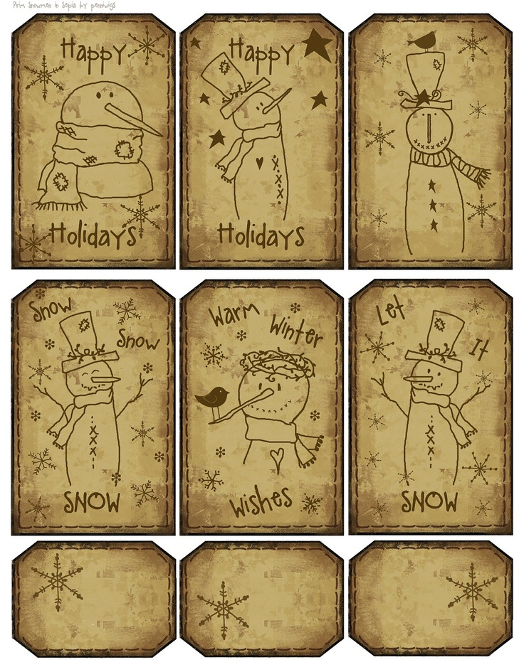 Printable 12 Prim Sepia Snowmen Hang Tags n Collage Sheet Plus 6 