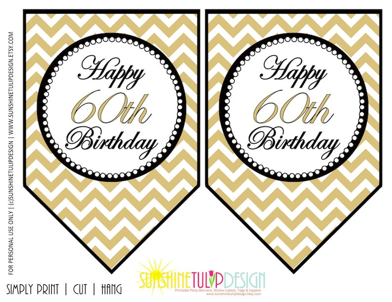 Printable 60th Birthday Banner 60th Gold And Black Chevron Etsy