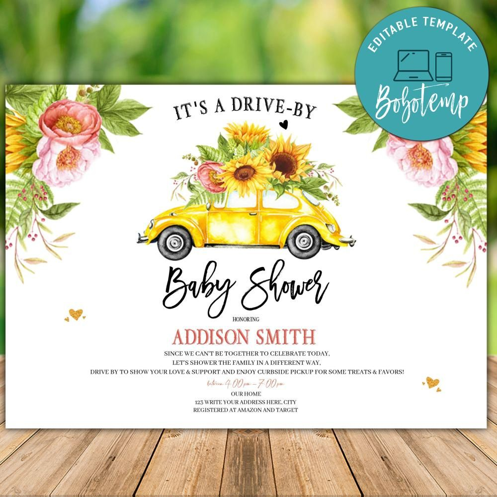 Printable Blue Floral Drive By Baby Shower Parade Invitation Bobotemp
