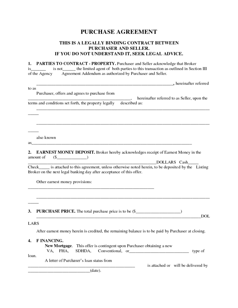Printable Home Purchase Agreement Free Printable Purchase Agreement 