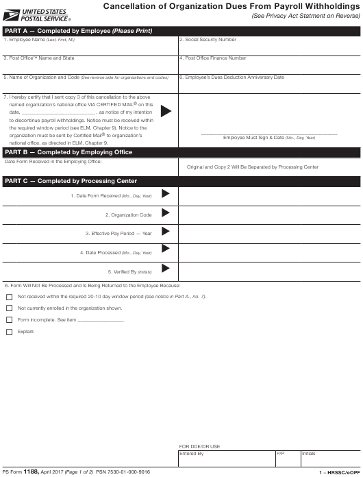 PS Form 1188 Download Printable PDF Cancellation Of Organization Dues 
