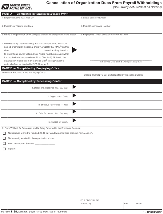 PS Form 1188 Download Printable PDF Cancellation Of Organization Dues