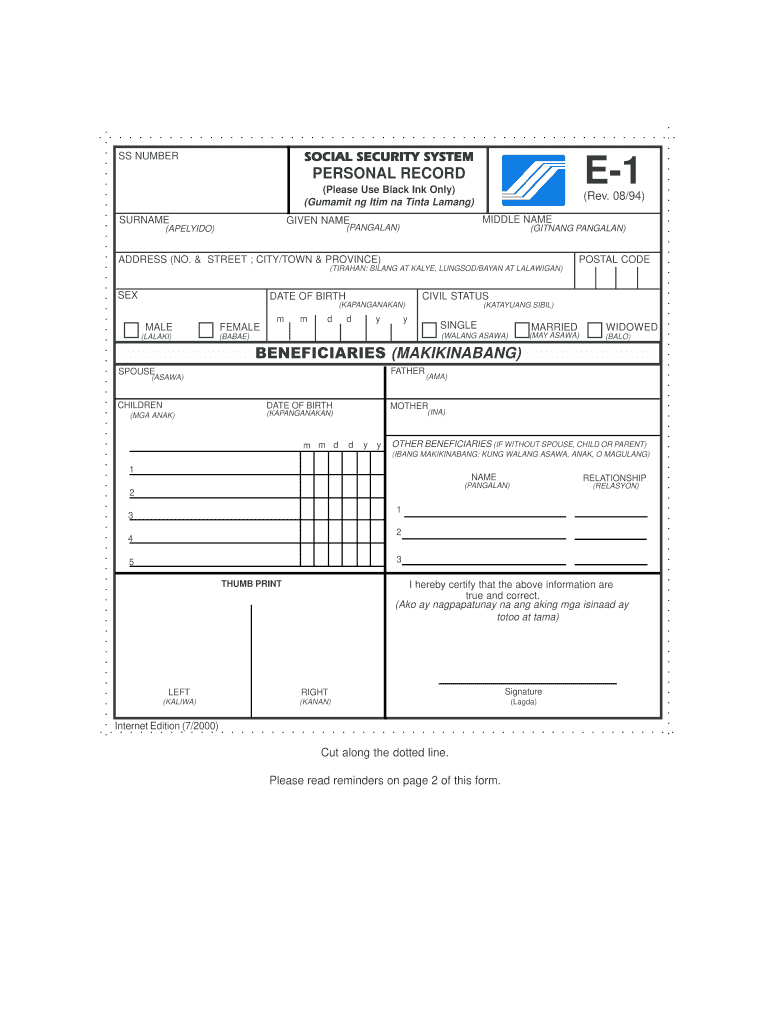2000 Form PH SSS E 1 Fill Online Printable Fillable Blank PdfFiller
