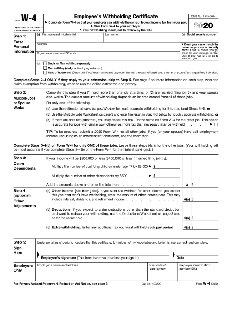 2020 Form IRS W 4 Fill Online Printable Fillable Blank PdfFiller