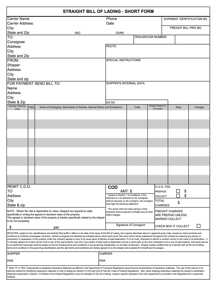 Bill Of Lading Form Fill Online Printable Fillable Blank PdfFiller