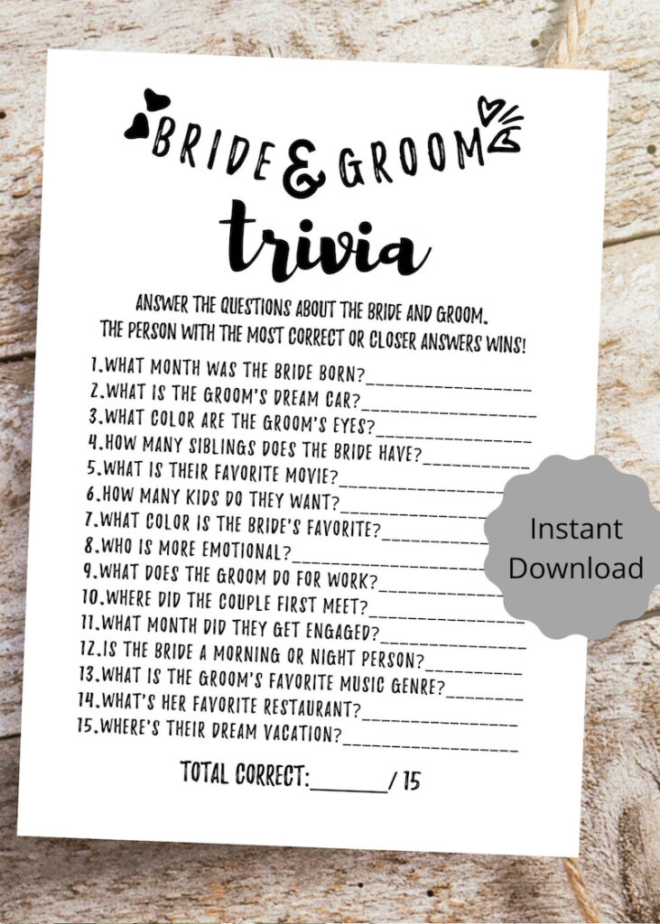 Bride And Groom Trivia Bridal Shower Game Printable Instant Etsy