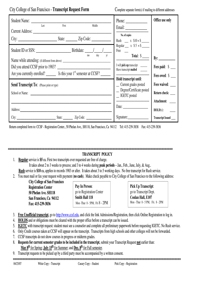 Ccsf Transcript Fill Online Printable Fillable Blank PdfFiller