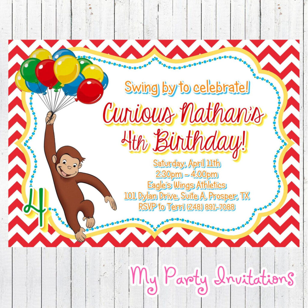 Curious George Birthday Invitation Photo Printable Invite Chevron 