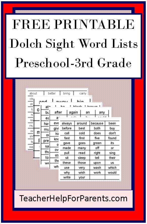 Dolch Sight Word Lists Preschool 3rd Grade FREE Printables In 2020 