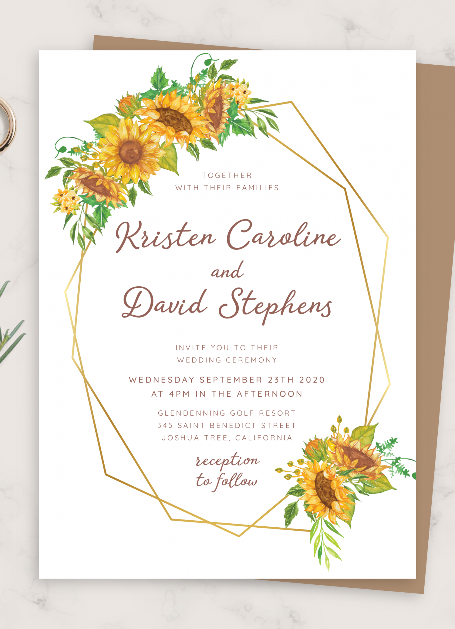 Download Printable Geometric Sunflower Wedding Invitation PDF