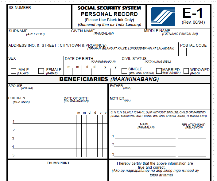 E1 Form Requirements To Get SSS Number For Online Application 