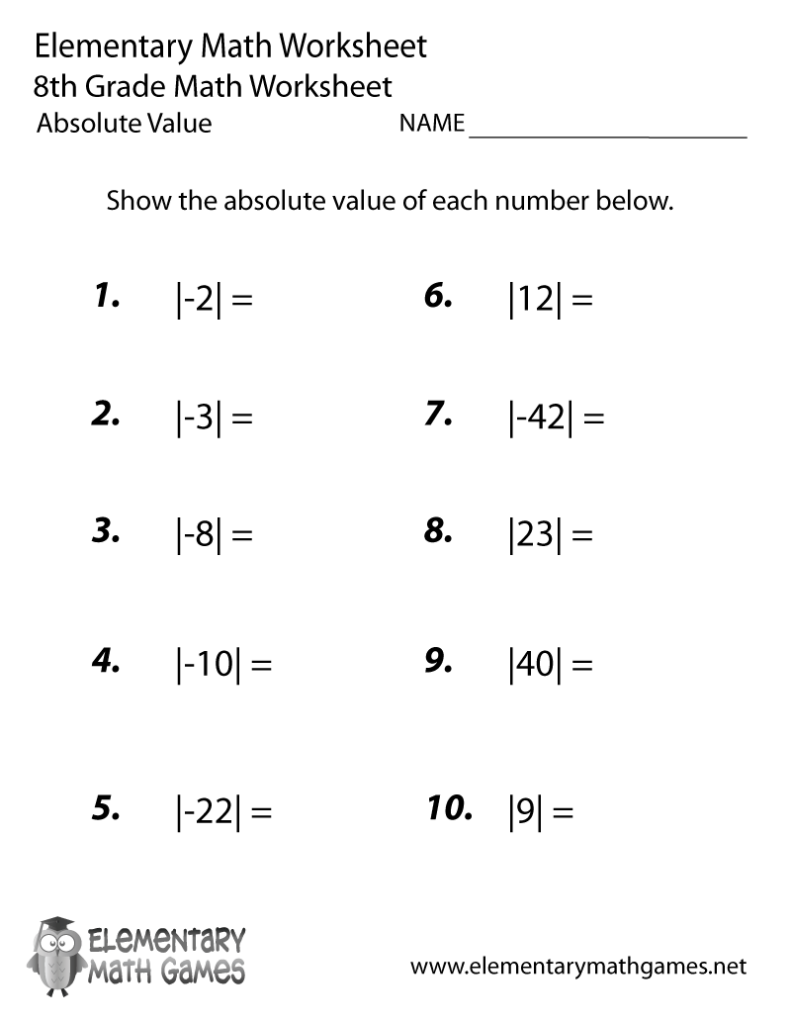 Eighth Grade Absolute Value Worksheet