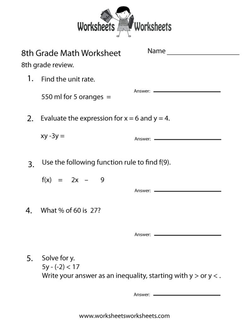 Eighth Grade Math Practice Worksheet Free Printable Educational Worksheet