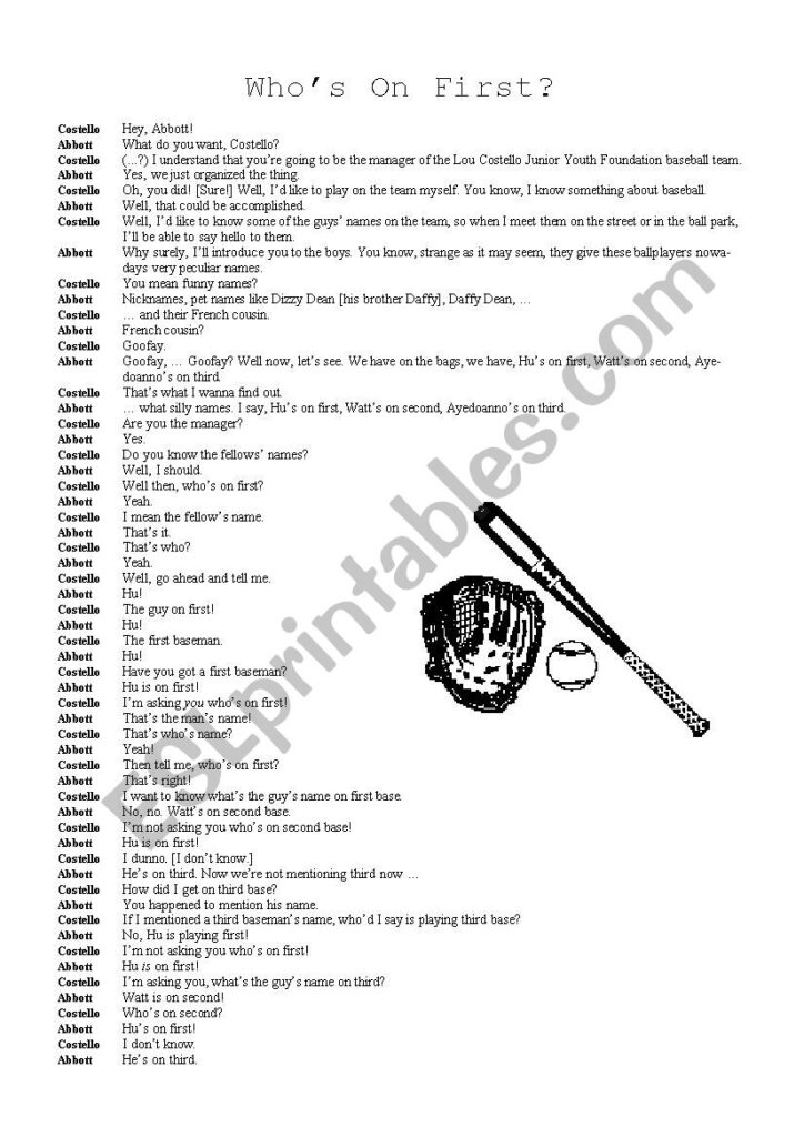 English Worksheets Abbott Costello Who s On First text 