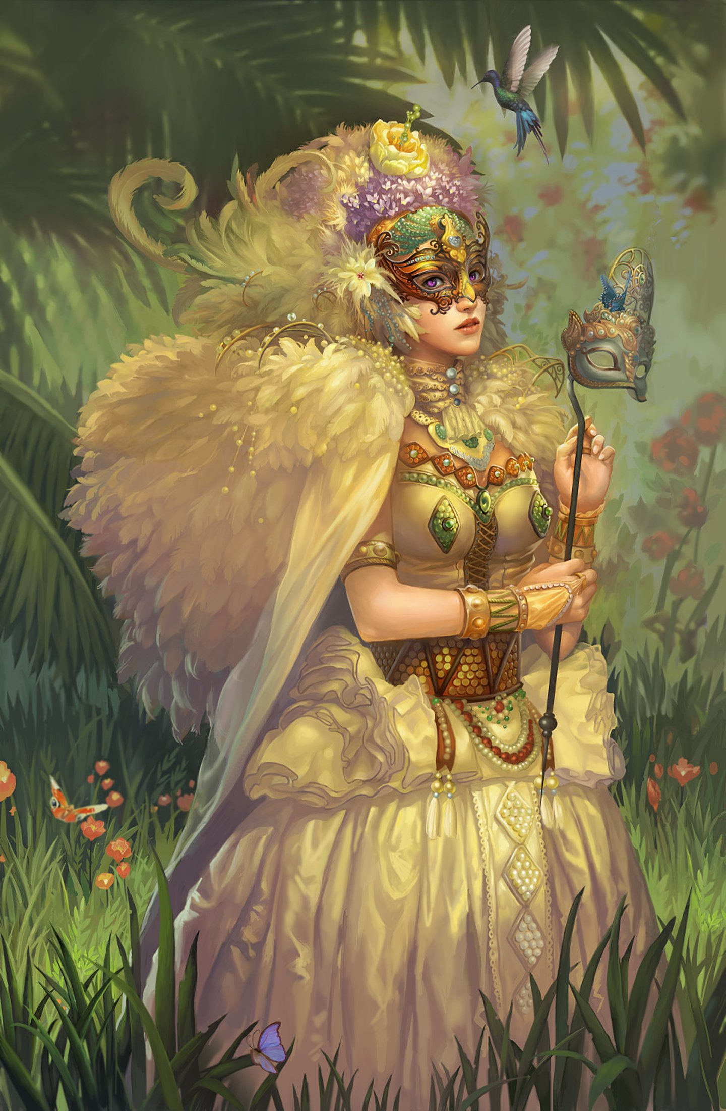Fantasy Dress Long Hair Beautiful Girl Face Mask Wings Magic 