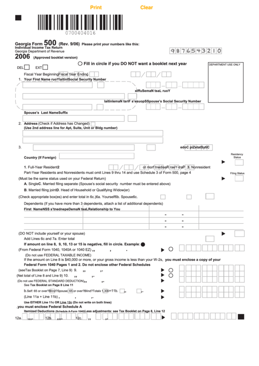 Fillable Georgia Form 500 Individual Income Tax Return 2006 