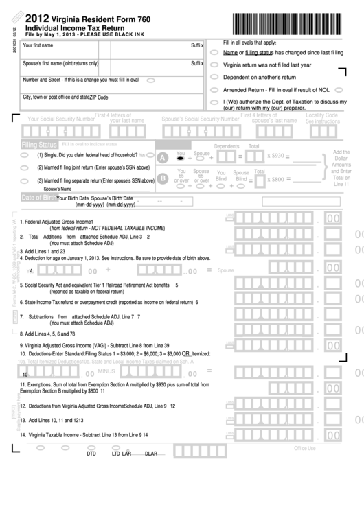 Fillable Virginia Resident Form 760 Individual Income Tax Return 