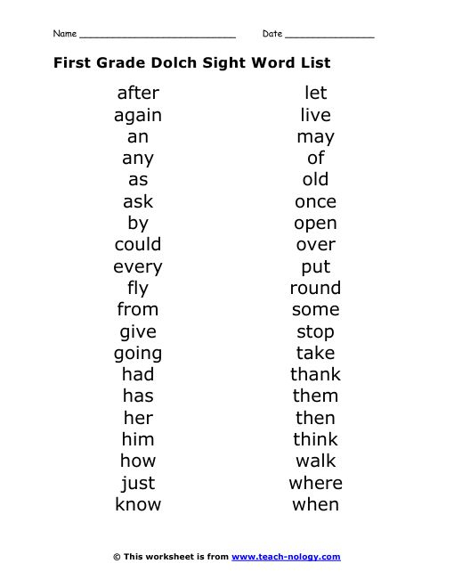 First Grade Dolch Sight Word List First Grade Words First Grade 