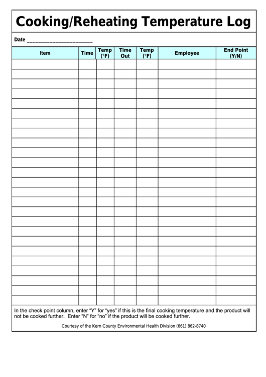 Food Cooking reheating Temperature Log Printable Pdf Download