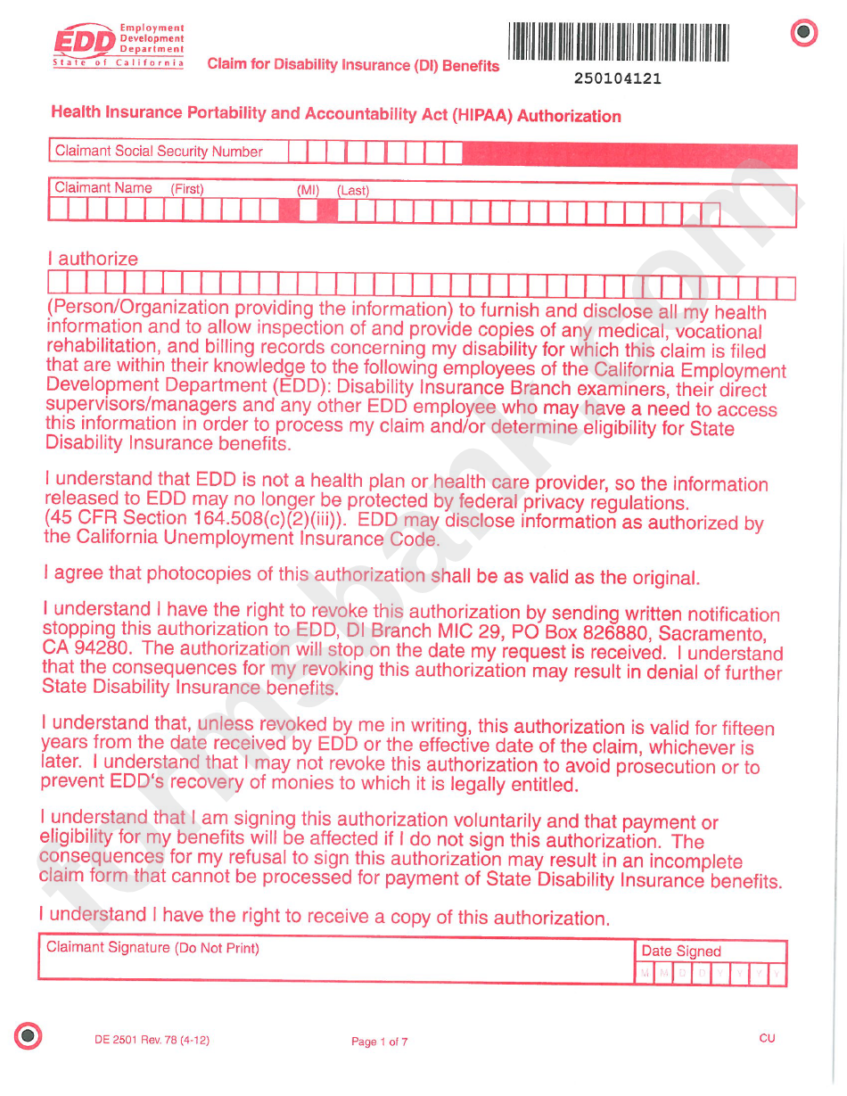 Form De 2501 Claim For Disability Insurance Di Benefits Hipaa