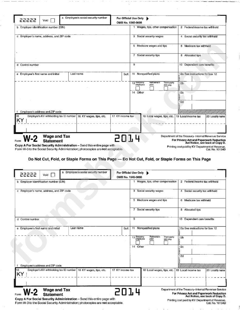 Form W 2 Wage And Tax Statement 2014 Printable Pdf Download