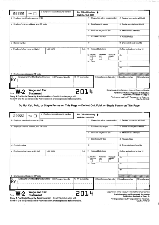 Form W 2 Wage And Tax Statement 2014 Printable Pdf Download
