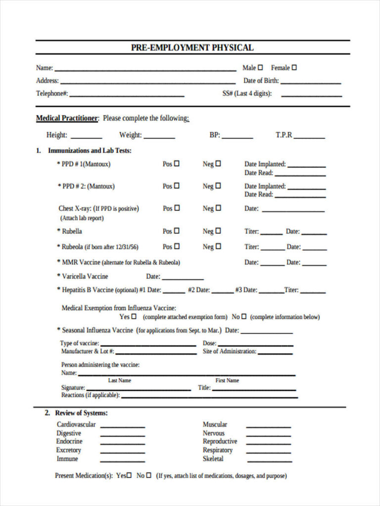 FREE 5 Employment Physical Forms In PDF