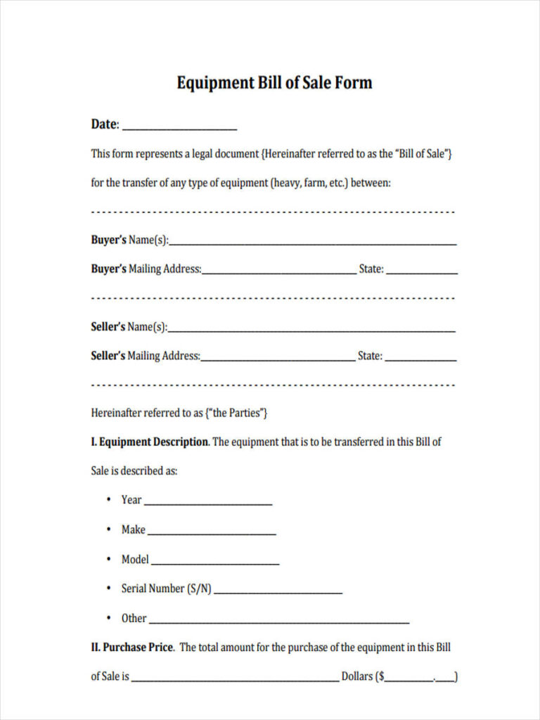 FREE 6 Sample Equipment Bill Of Sale Forms In PDF