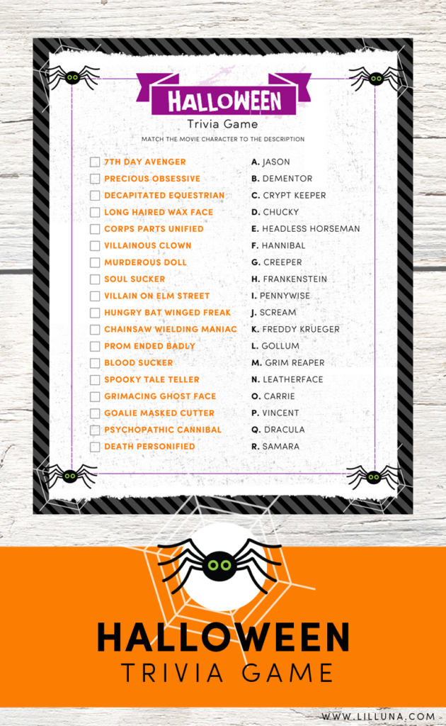 FREE Halloween Trivia Print Just Match The Movie Character To The 