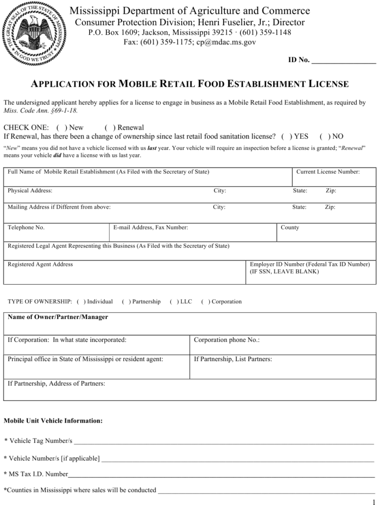 Mississippi Application For Mobile Retail Food Establishment License 