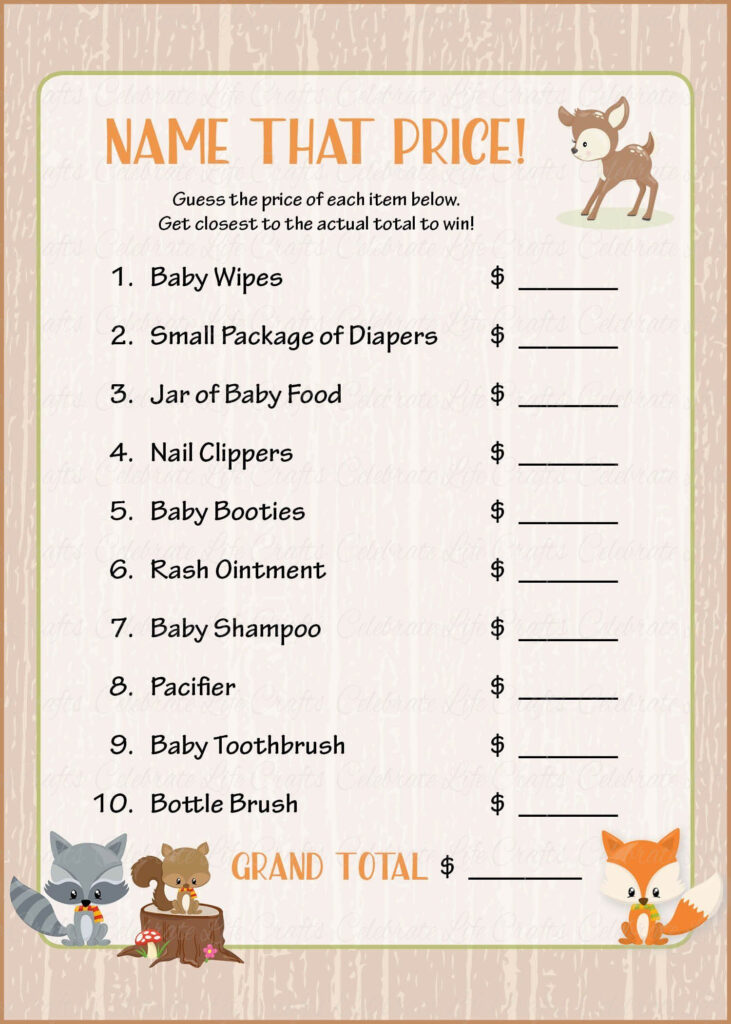 Name That Price Baby Shower Game Forest Animals Woodland Baby Shower 