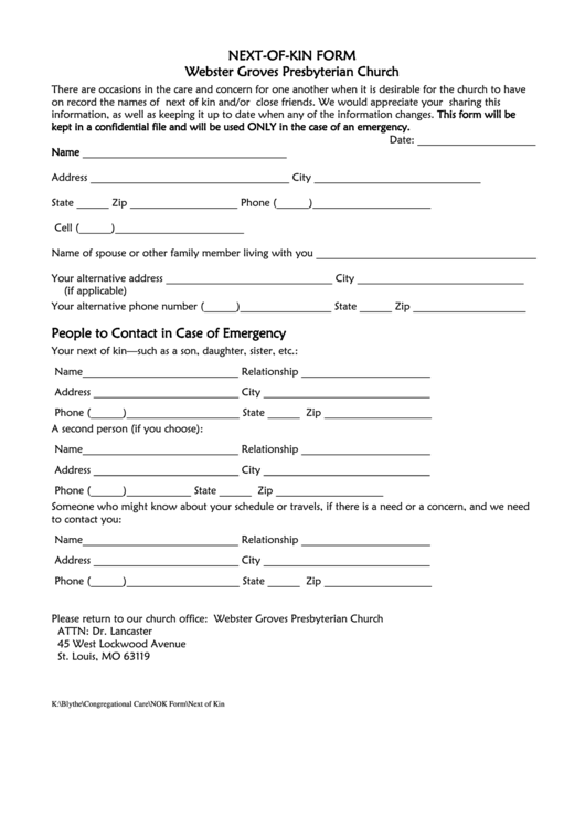 Next Of Kin Form Webster Groves Presbyterian Church Printable Pdf 