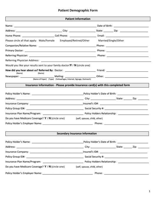 Patient Demographic Form Printable Pdf Download