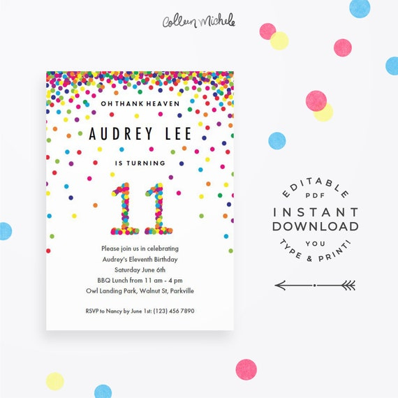 Rainbow 11th Birthday Party Invitation Instant Download Printable PDF 