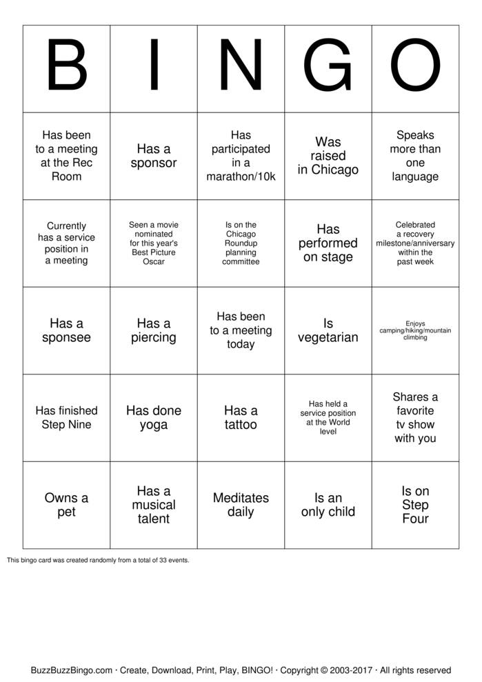 Recovery Bingo Cards To Download Print And Customize 