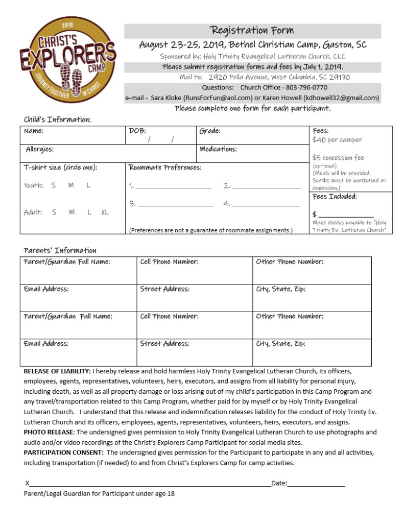 Registration Form Holy Trinity Ev Lutheran Church And School West 