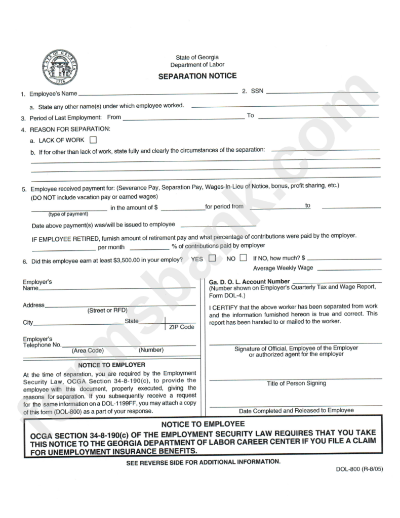 Separation Notice Template State Of Georgia Department Of Labor 