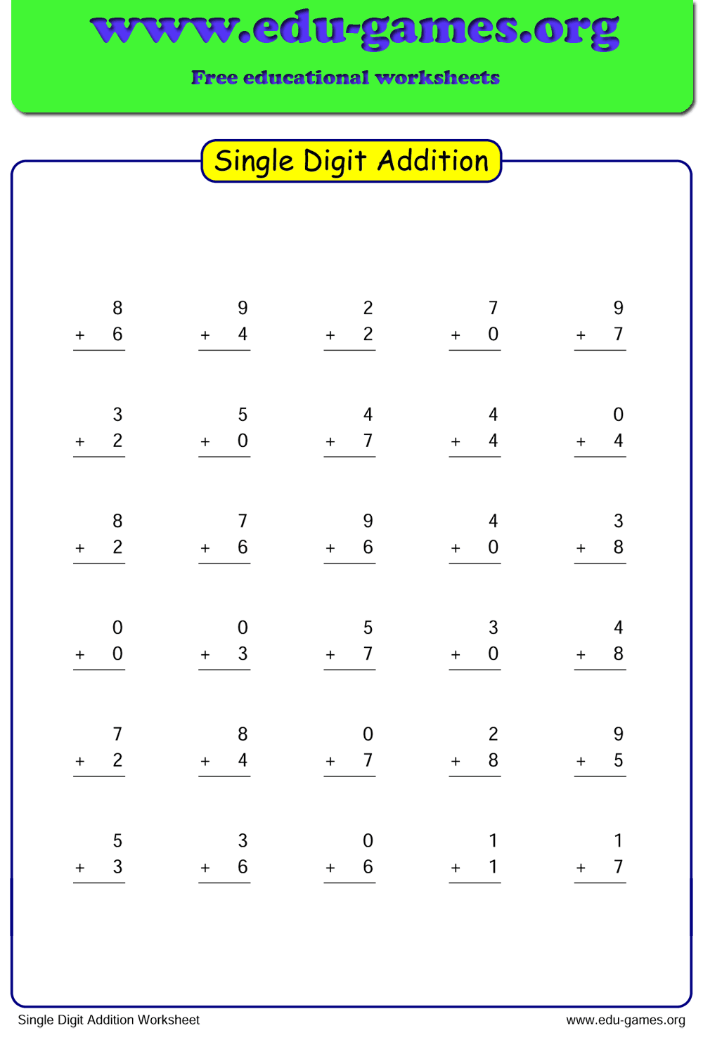 Single Digit Addition Worksheet Generator Grade 1 The Site For Free