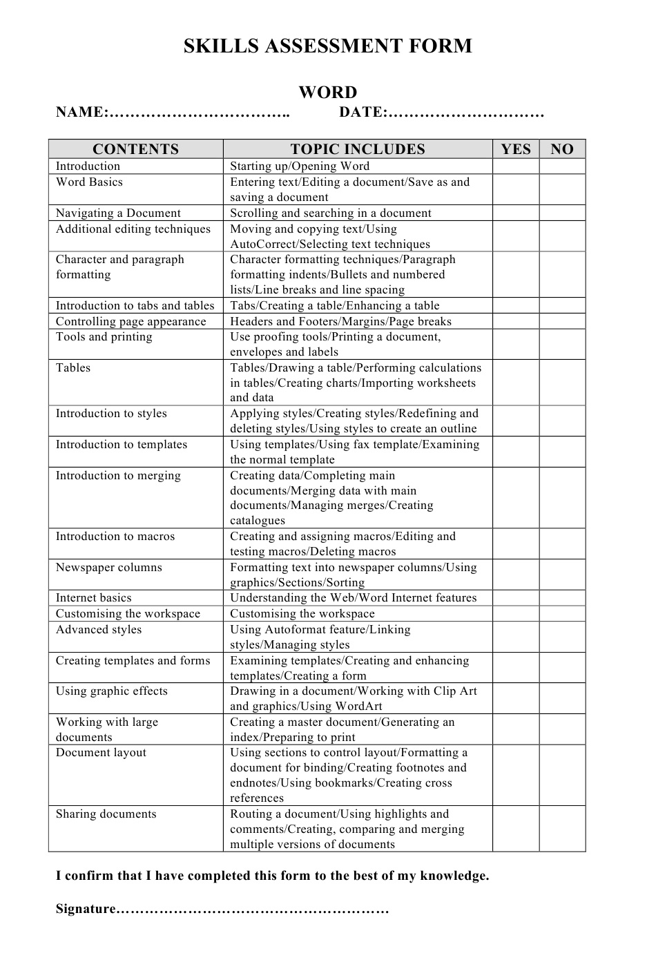 Skills Assessment Form Download Printable PDF Templateroller