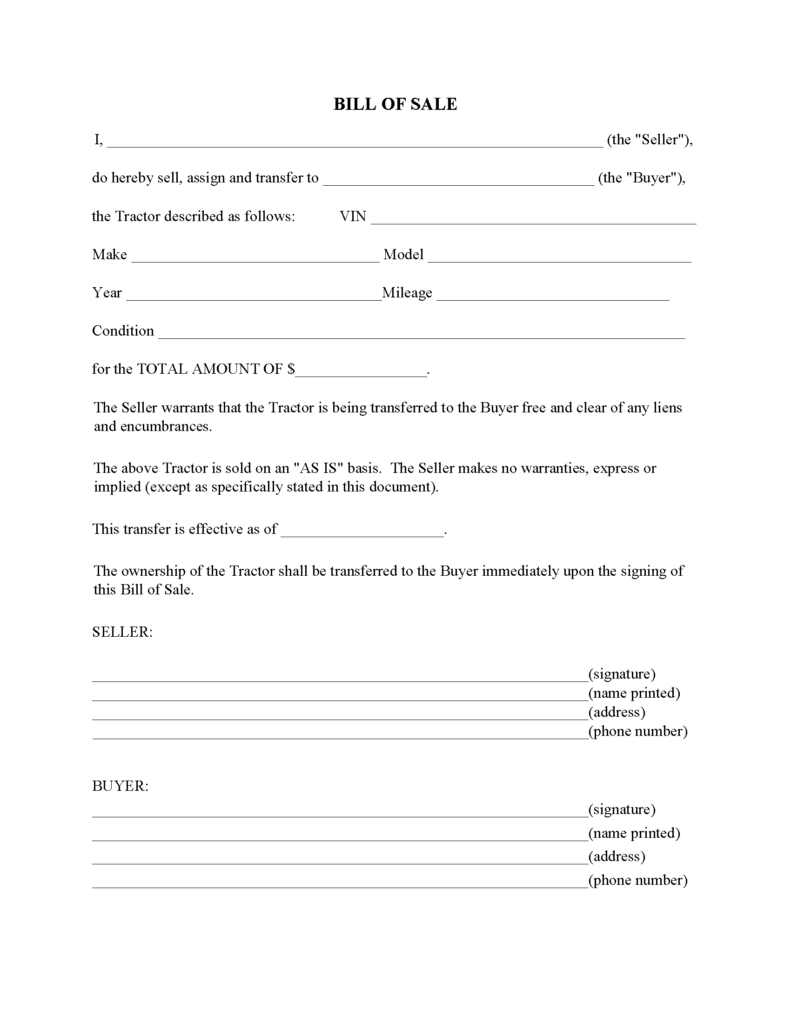 Tractor Bill Of Sale Form Free Printable Legal Forms