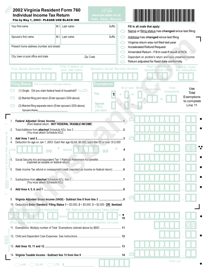 Virginia Resident Form 760 Individual Income Tax Return 2002 