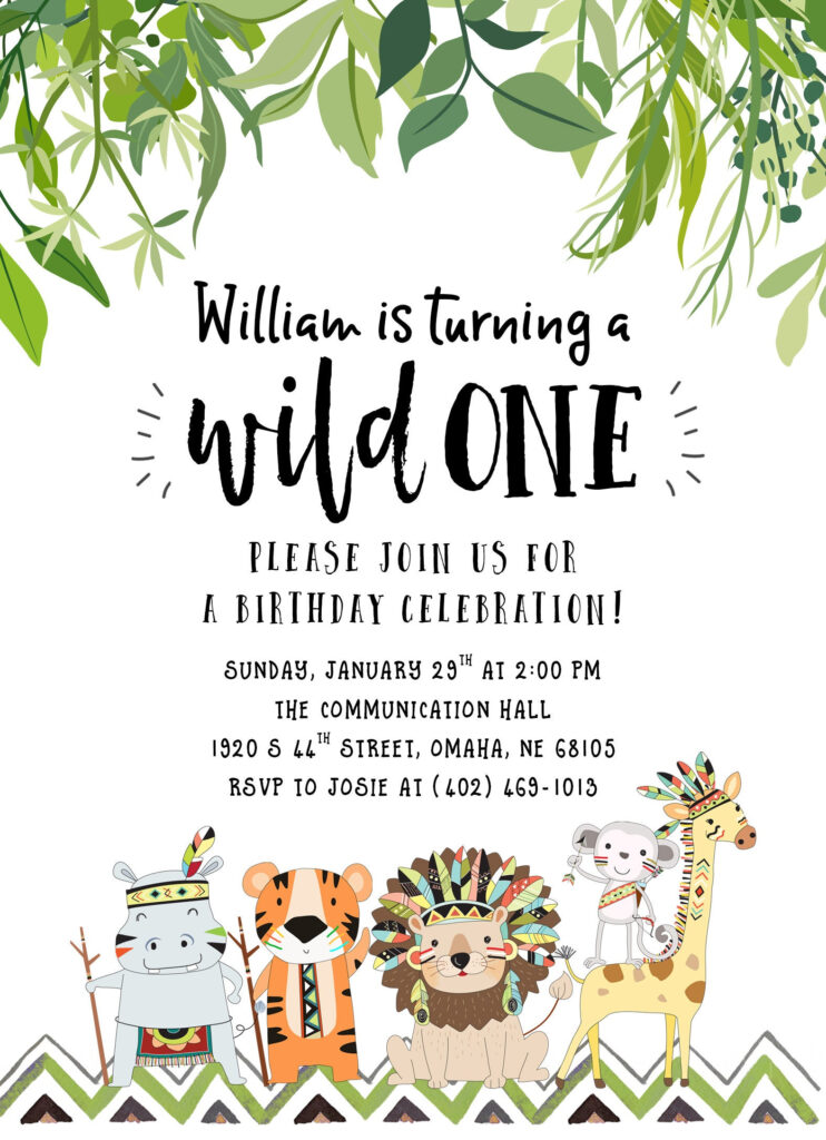 Wild One Birthday Invitation Safari Birthday Invitation First 1st 