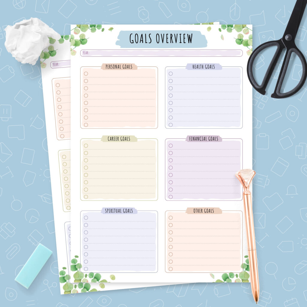 Yearly Goals Overview Botanical Design Template Printable PDF