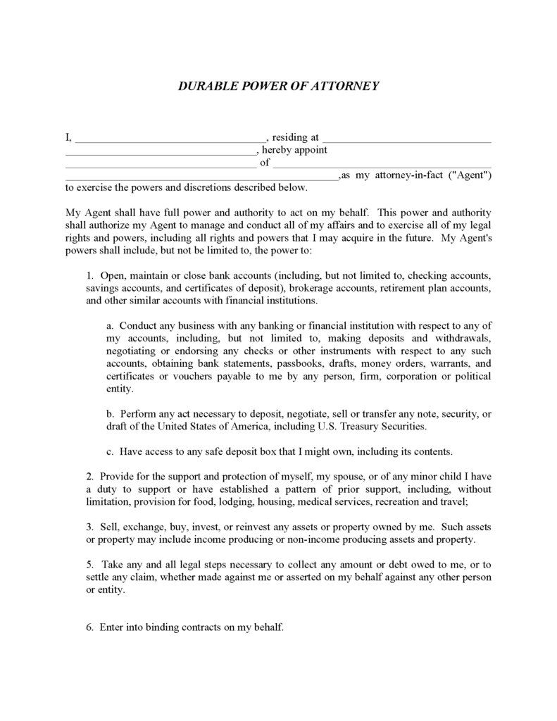 Blank Durable Power Of Attorney Form Free Printable Legal Forms